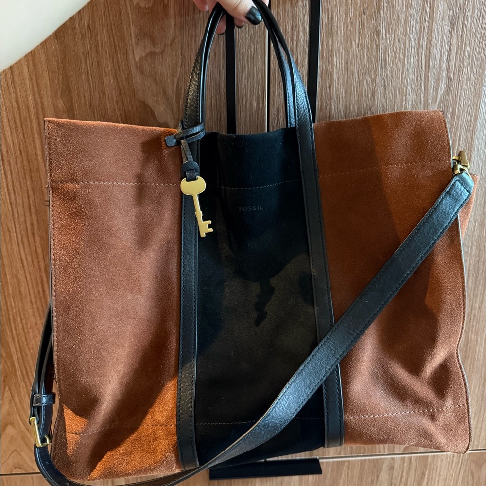 Fossil Black and Brown Suede Tote